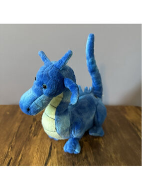 FAO Schwarz Toys R Us Blue Stuffed Dragon Plush 8 inches Long FAO Button.